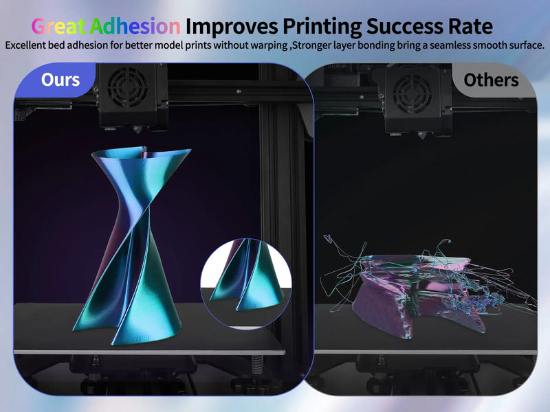 Comparison of a successful 3D printed vase with seamless smooth surface using LANDU Tri Color PLA versus a failed print with poor adhesion.