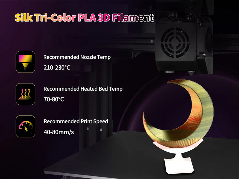 3D printer producing a tri-color crescent moon with recommended settings for LANDU Silk Tri-Color PLA including nozzle temperature and print speed.