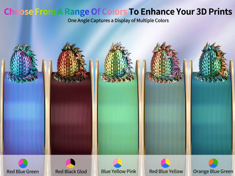 A wide selection of LANDU Tri Color Silk PLA filament spools featuring combinations like Red Black Gold and Blue Yellow Pink to enhance 3D prints.