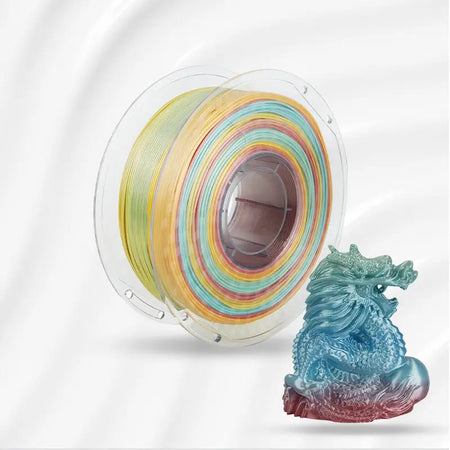 LANDU Silk Gradient PLA filament transparent spool alongside a 3D printed dragon model showcasing a smooth color shifting effect.