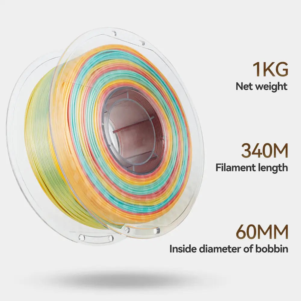 Specifications for LANDU Silk Gradient PLA filament showing 1kg net weight 340 meters length and 60mm bobbin inside diameter.