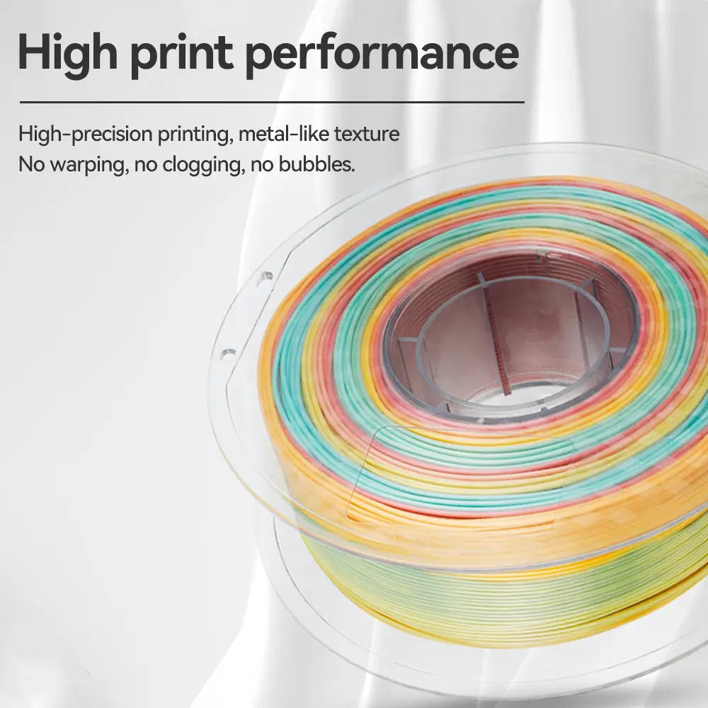 Close up of LANDU Silk Gradient PLA filament transparent spool highlighting high print performance and metal like texture.