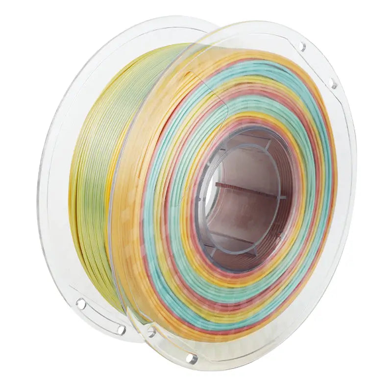 LANDU Silk PLA Gradient 3D printer filament 1kg transparent spool showing a vibrant rainbow color transition.