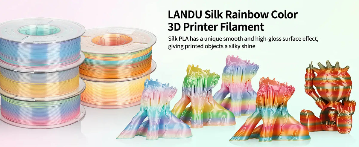 LANDU Silk Rainbow PLA 3D printer filament transparent spools alongside glossy printed face vases demonstrating a vibrant color gradient and silky shine.