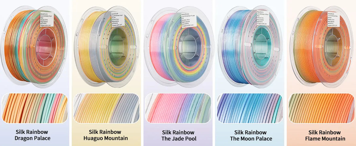 Five thematic color variations of LANDU Silk Rainbow PLA filament including Dragon Palace and Flame Mountain showing distinct gradient palettes.