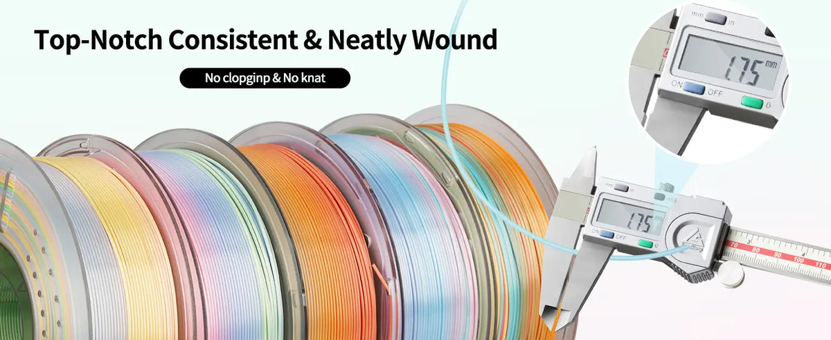 Neatly wound transparent spools of LANDU Silk Rainbow PLA filament measured with a digital caliper confirming precise 1.75mm diameter for reliable printing.