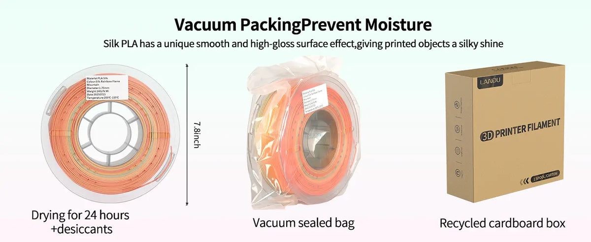 Moisture preventing vacuum packaging process for LANDU Silk Rainbow PLA filament showing transparent spool dimensions and a recycled cardboard box.