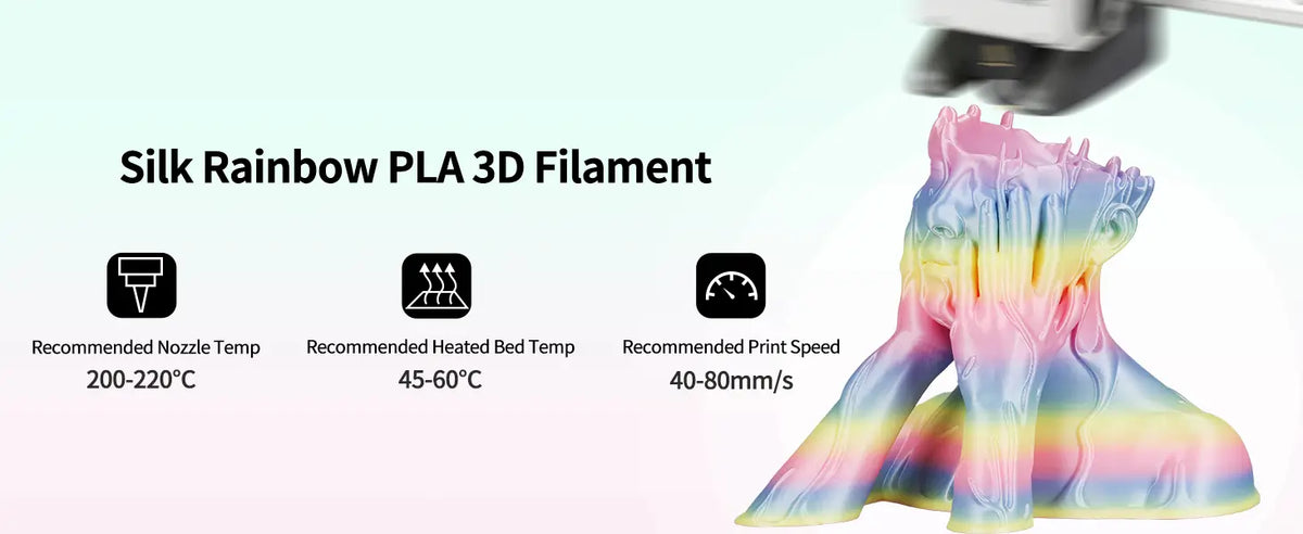 Bambu Lab 3D printer producing a colorful face vase using LANDU Silk Rainbow PLA with recommended nozzle temperature and print speed settings.