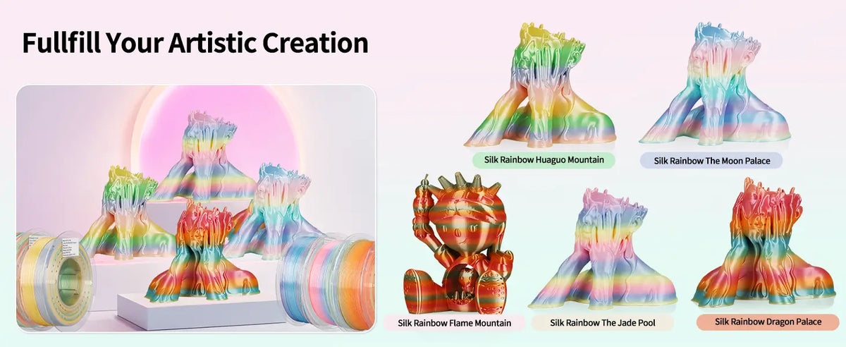 Gallery of artistic 3D printed models including glossy face vases showcasing the vibrant color shifts of LANDU Silk Rainbow PLA filament variations.