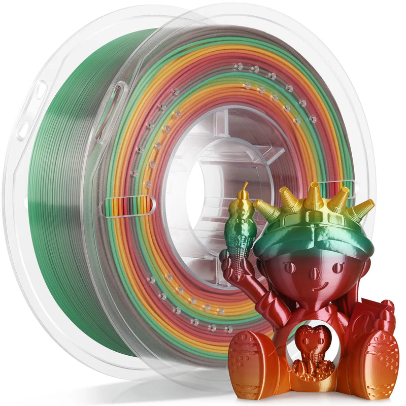 LANDU Silk PLA Rainbow 3D printer filament 1kg transparent spool showcasing a glossy multicolor transition with a printed model.