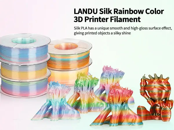 LANDU Silk Rainbow PLA 3D printer filament transparent spools alongside glossy printed face vases demonstrating a vibrant color gradient and silky shine.