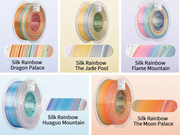 Five thematic color variations of LANDU Silk Rainbow PLA filament including Dragon Palace and Flame Mountain showing distinct gradient palettes.