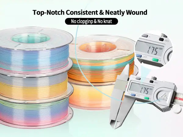 Neatly wound transparent spools of LANDU Silk Rainbow PLA filament measured with a digital caliper confirming precise 1.75mm diameter for reliable printing.
