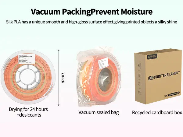 Moisture preventing vacuum packaging process for LANDU Silk Rainbow PLA filament showing transparent spool dimensions and a recycled cardboard box.