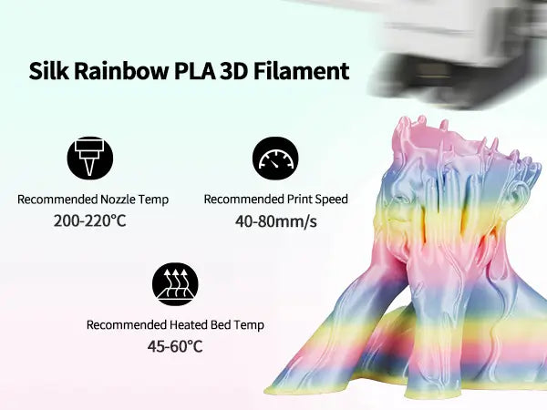Bambu Lab 3D printer producing a colorful face vase using LANDU Silk Rainbow PLA with recommended nozzle temperature and print speed settings.