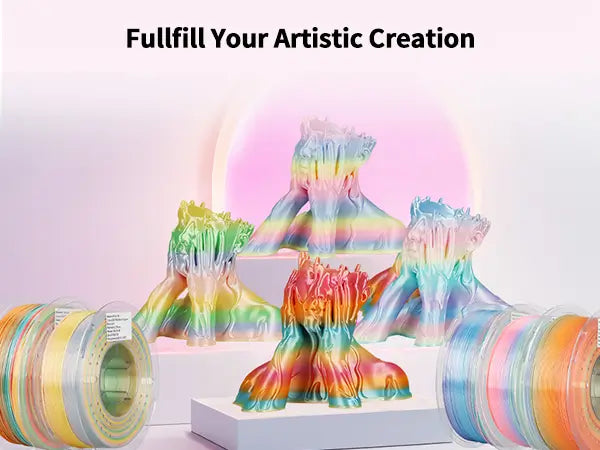 Gallery of artistic 3D printed models including glossy face vases showcasing the vibrant color shifts of LANDU Silk Rainbow PLA filament variations.