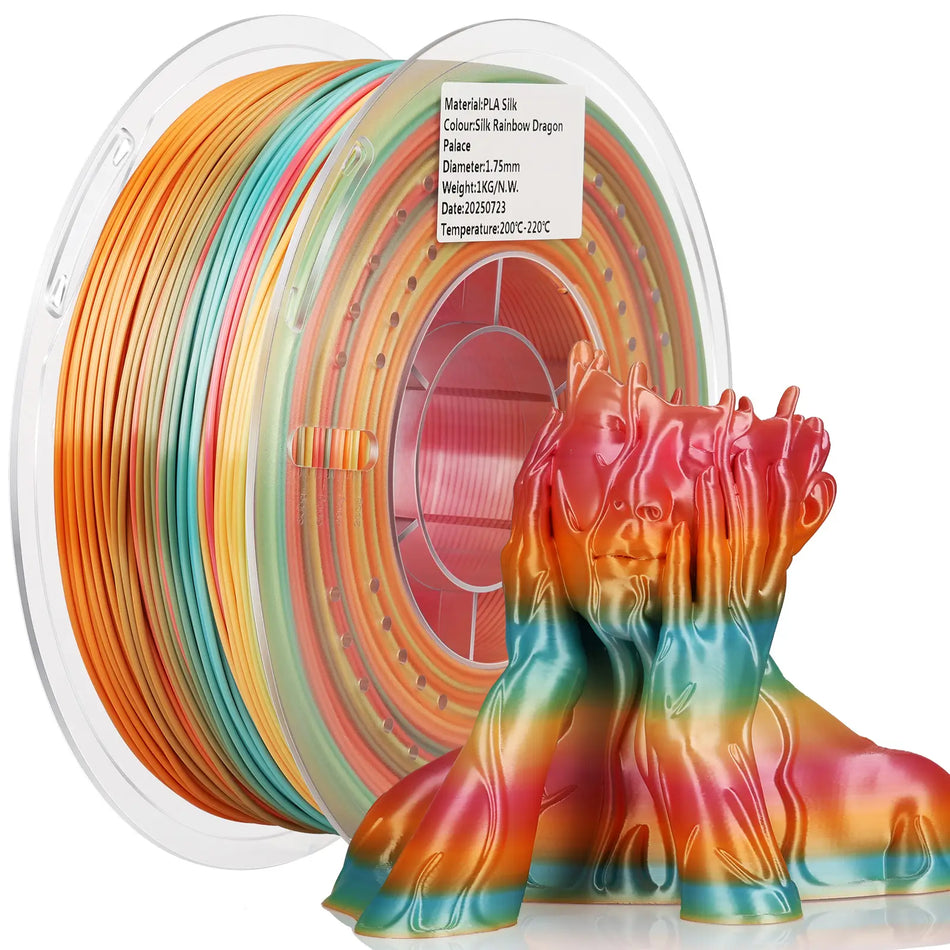 LANDU Silk Rainbow Dragon Palace PLA 3D printer filament 1kg transparent spool displayed with a color-shifting artistic bust model.