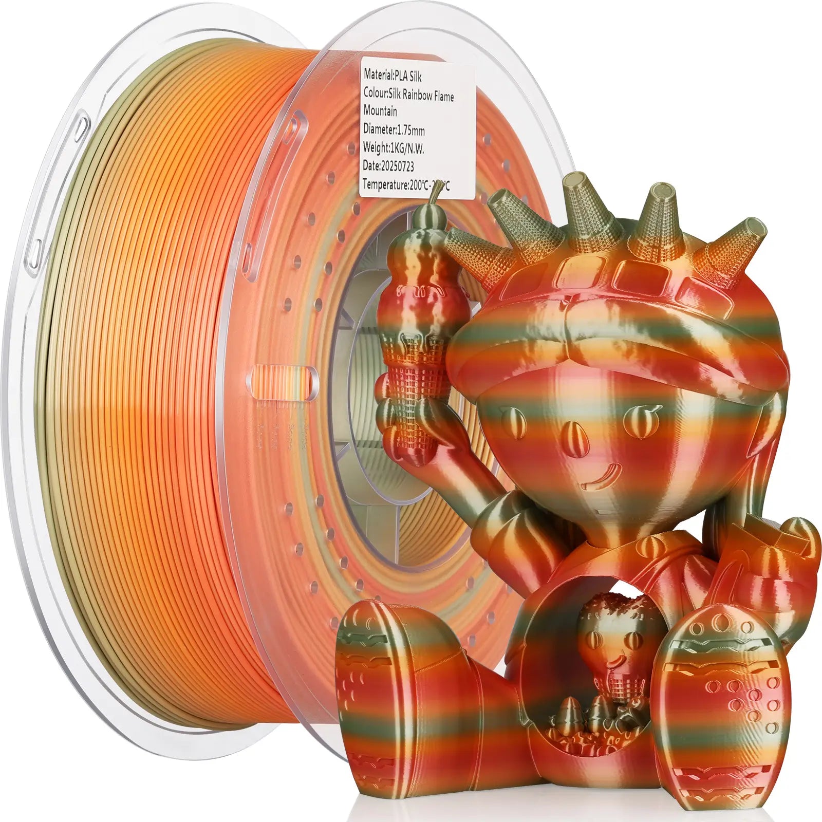LANDU Silk PLA Rainbow Flame Mountain 3D printer filament 1kg transparent spool displayed with a warm color-shifting printed model.