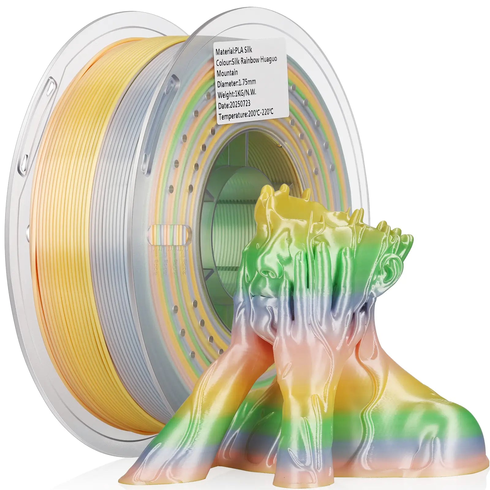 LANDU Silk PLA Rainbow Huaguo Mountain 3D printer filament 1kg transparent spool alongside a vibrant gradient 3D printed bust.