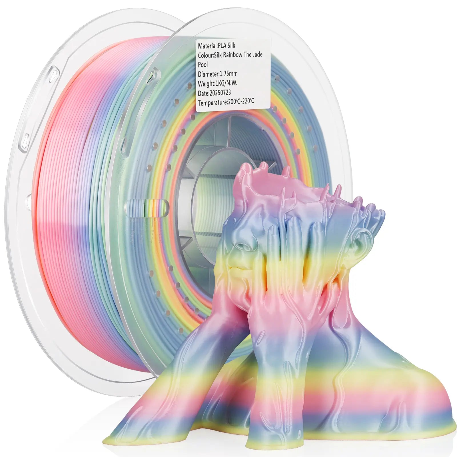 LANDU Silk PLA Rainbow The Jade Pool 3D printer filament 1kg transparent spool featured with a soft pastel color-shifting 3D printed model.