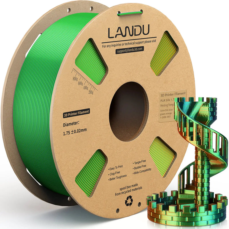 LANDU Tri-Color Blue Green Orange Silk PLA 3D printer filament 1kg spool displayed with a glossy color-shifting spiral staircase model.