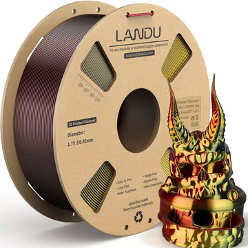 LANDU Tri-Color Black Red Golden Silk PLA 3D printer filament 1kg spool displayed with an intimidating color-shifting 3D printed horned skull.