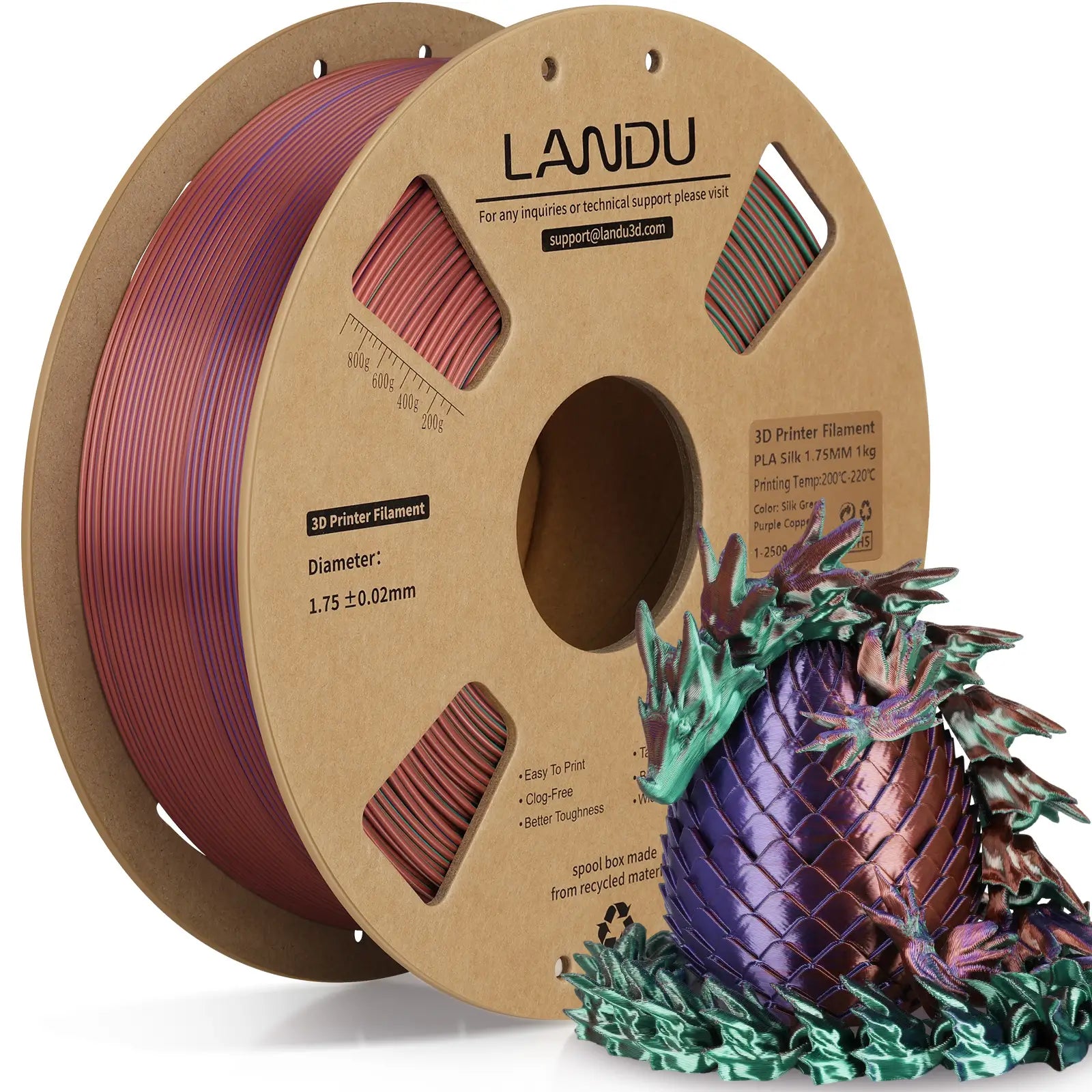 LANDU Green Purple Copper Tri-Color Silk PLA 3D printer filament 1kg spool featuring a mystical color-shifting 3D printed dragon.