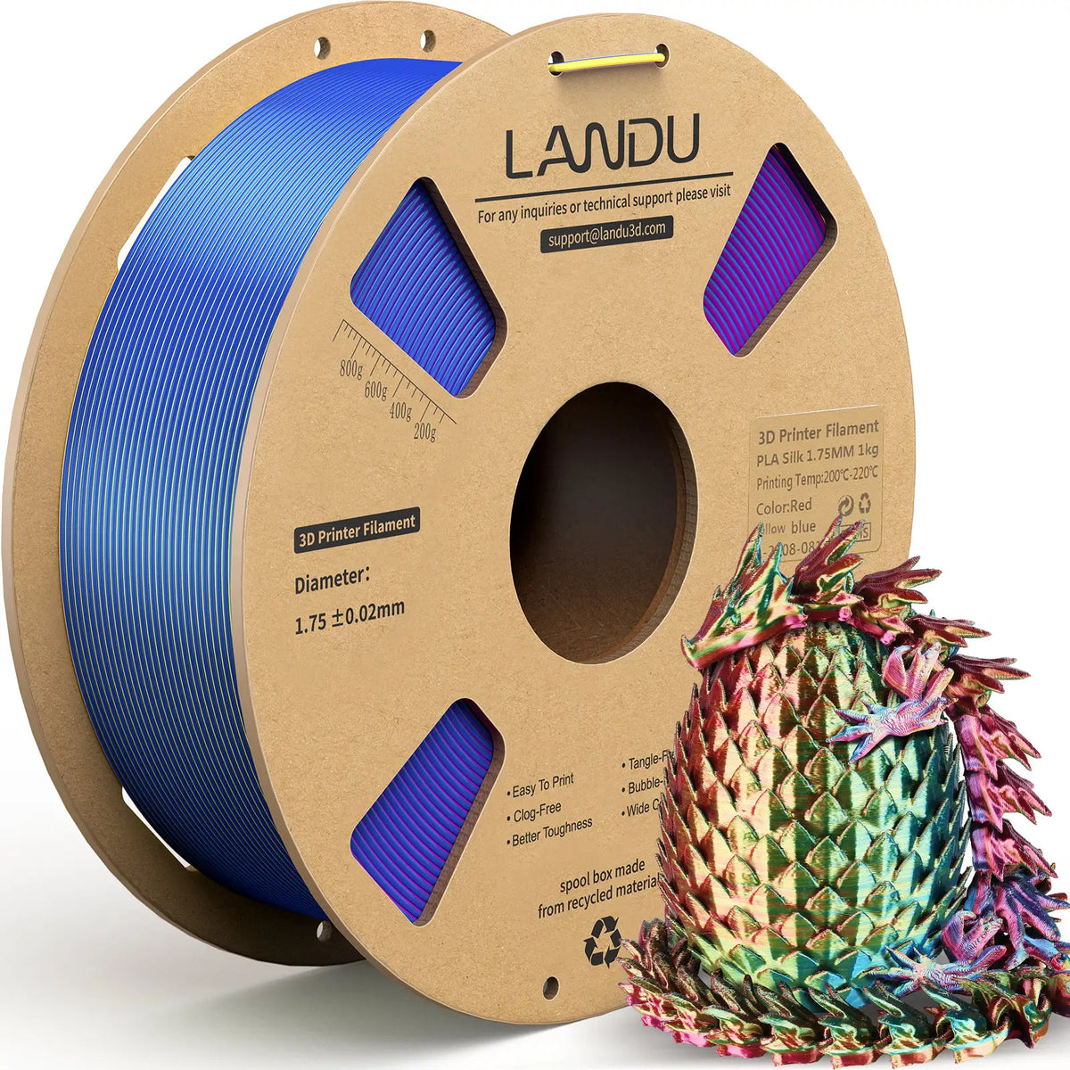 LANDU Red Yellow Blue Tri-Color Silk PLA 3D printer filament 1kg spool showcasing a tropical color-shifting 3D printed dragon.