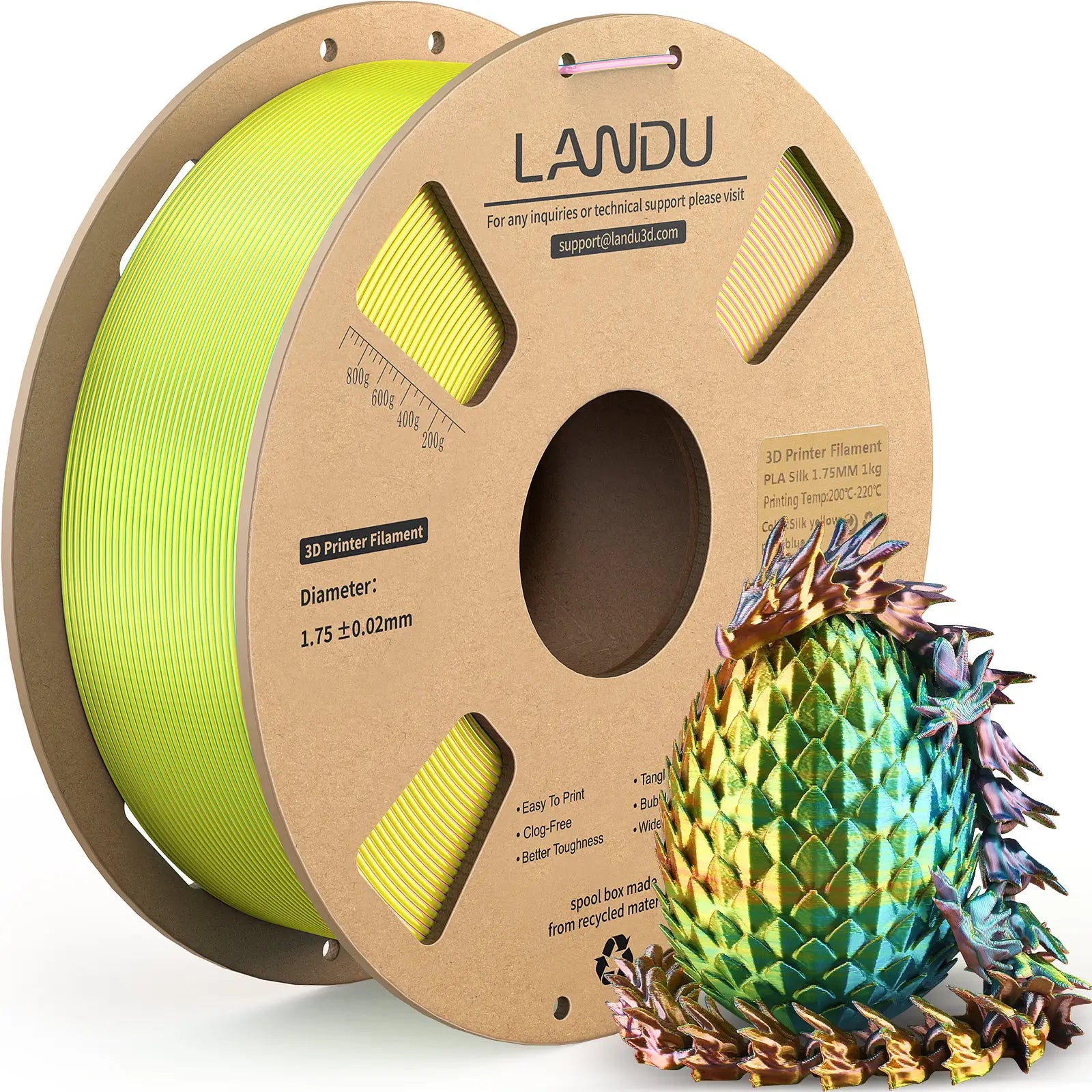 LANDU Yellow Blue Pink Tri-Color Silk PLA 3D printer filament 1kg spool alongside a playful neon color-shifting 3D printed dragon.