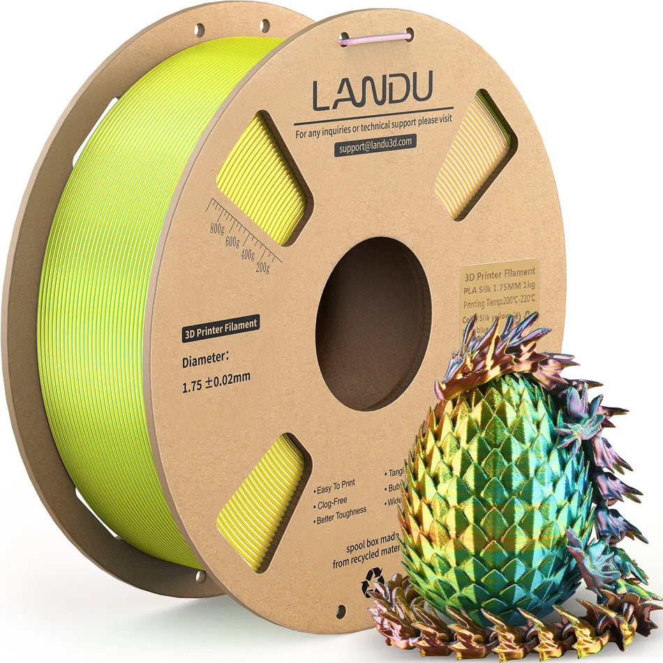 LANDU Yellow Blue Pink Tri-Color Silk PLA 3D printer filament 1kg spool alongside a playful neon color-shifting 3D printed dragon.
