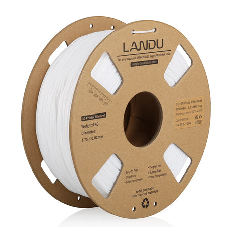 LANDU White TPU 95A flexible 3D printer filament 1.75mm 1kg on an eco-friendly cardboard spool for FDM 3D printing.