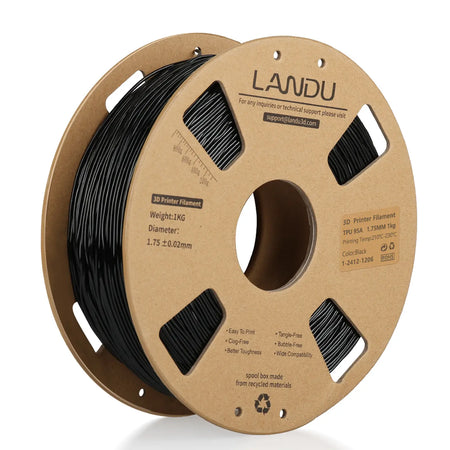 LANDU Black TPU 95A flexible 3D printer filament 1.75mm 1kg on an eco-friendly cardboard spool for FDM 3D printing.